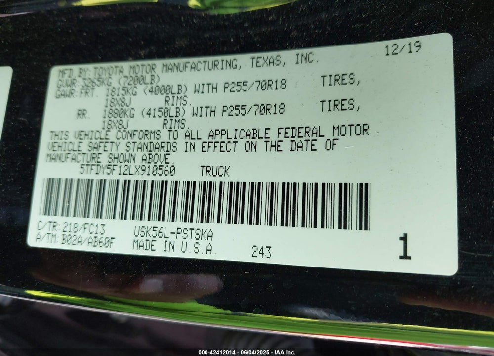 2020 TOYOTA TUNDRA VIN: 5TFDY5F12LX910560