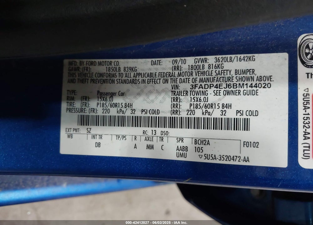 2011 FORD FIESTA VIN: 3FADP4EJ6BM144020