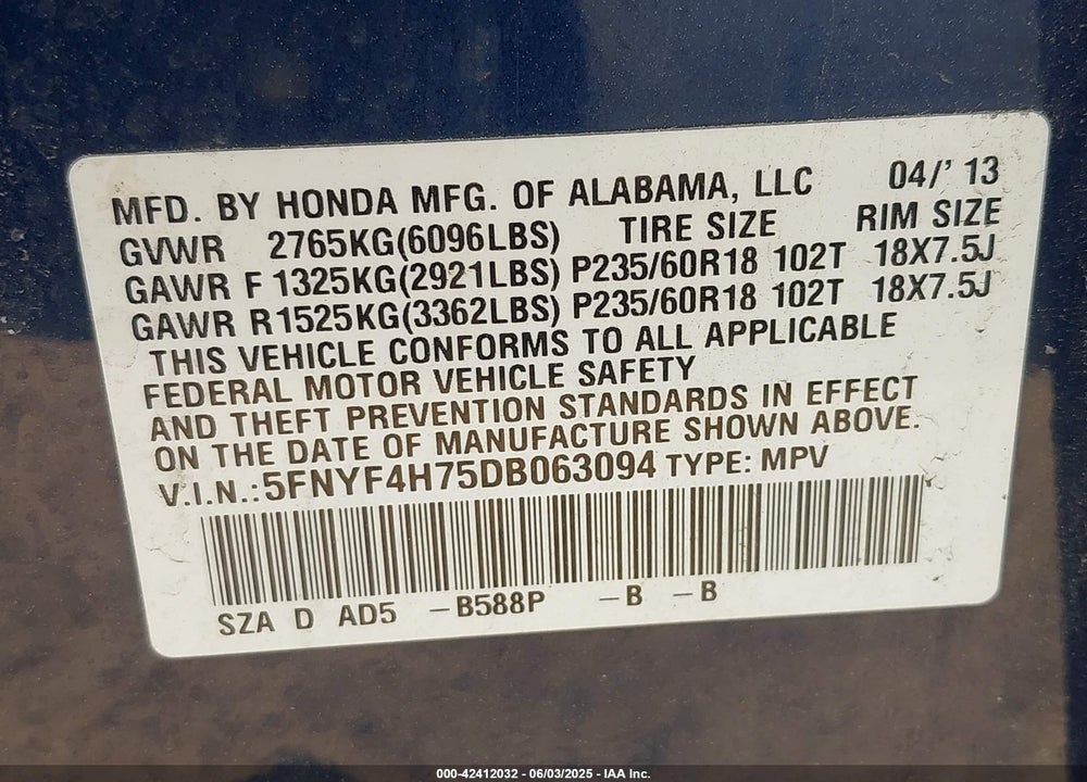 2013 HONDA PILOT EX-L VIN: 5FNYF4H75DB063094
