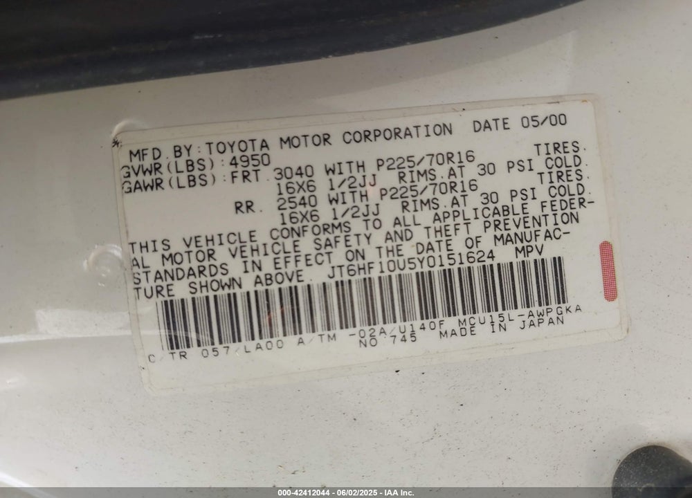 2000 LEXUS RX 300 VIN: JT6HF10U5Y0151624