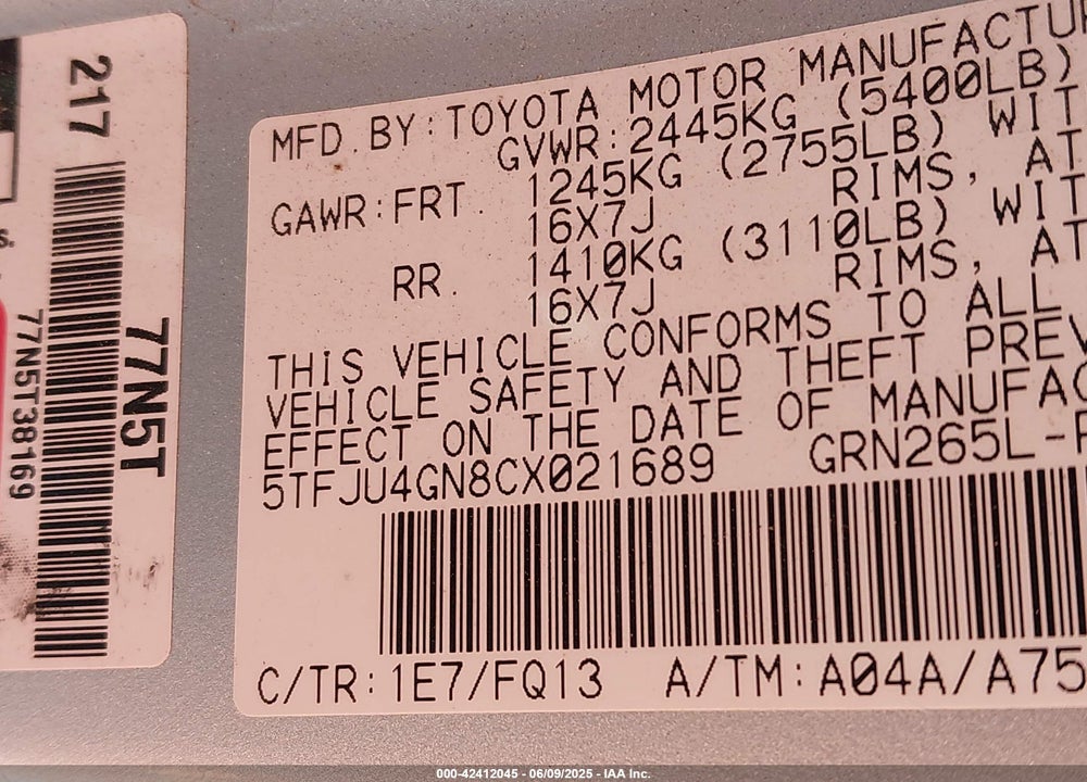 2012 TOYOTA TACOMA VIN: 5TFJU4GN8CX021689