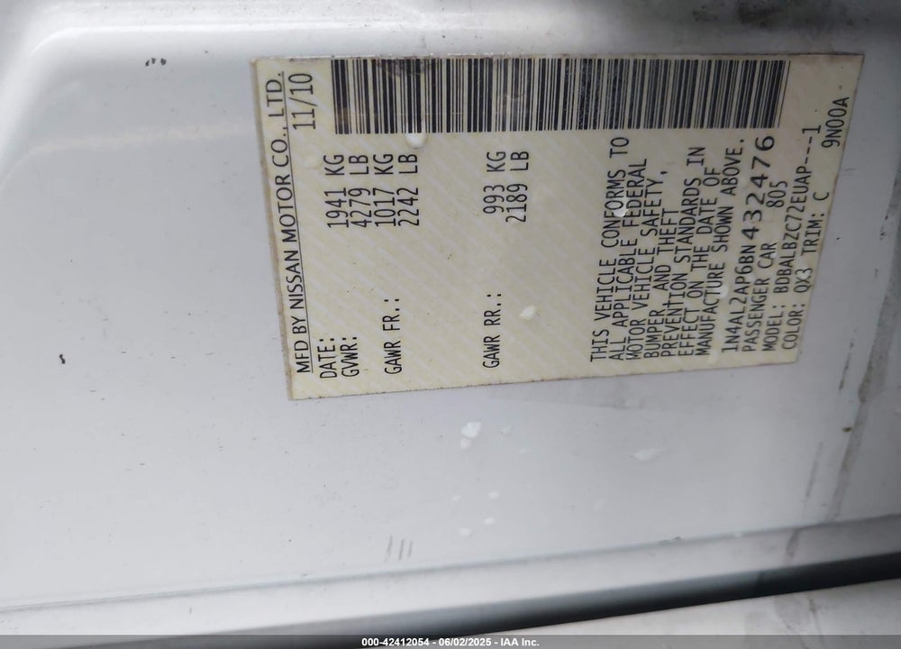 2011 NISSAN ALTIMA 2.5 S VIN: 1N4AL2AP6BN432476