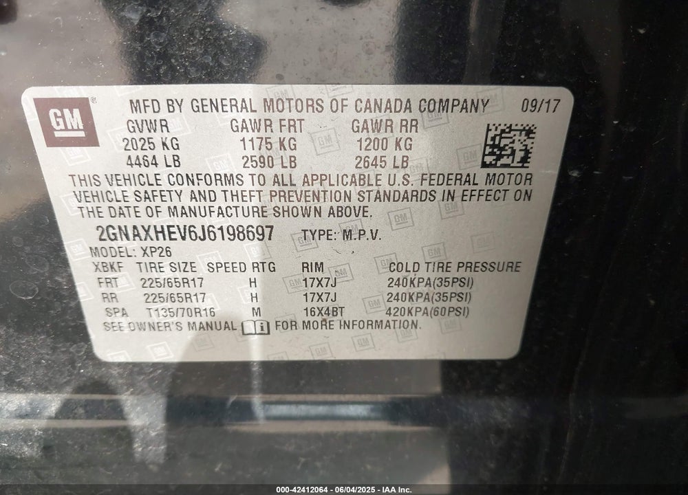 2018 CHEVROLET EQUINOX VIN: 2GNAXHEV6J6198697