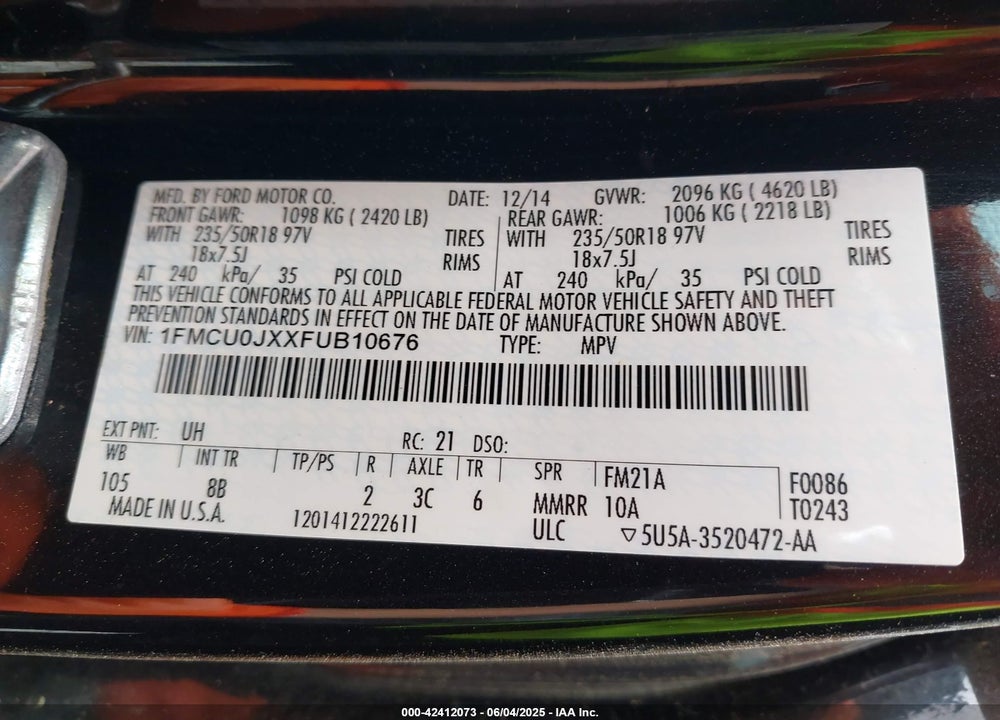 2015 FORD ESCAPE VIN: 1FMCU0JXXFUB10676