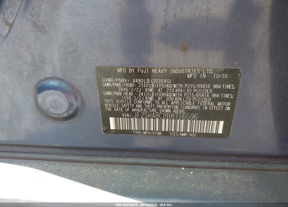 2011 SUBARU FORESTER VIN: JF2SHABC8BH716696