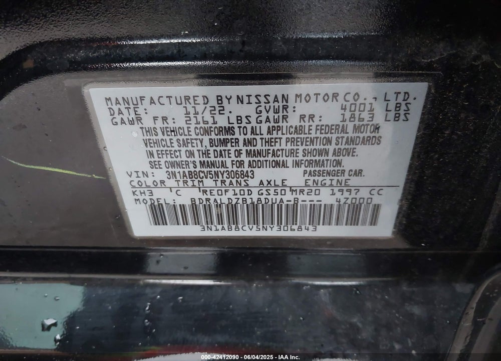 2022 NISSAN SENTRA SV XTRONIC CVT VIN: 3N1AB8CV5NY306843
