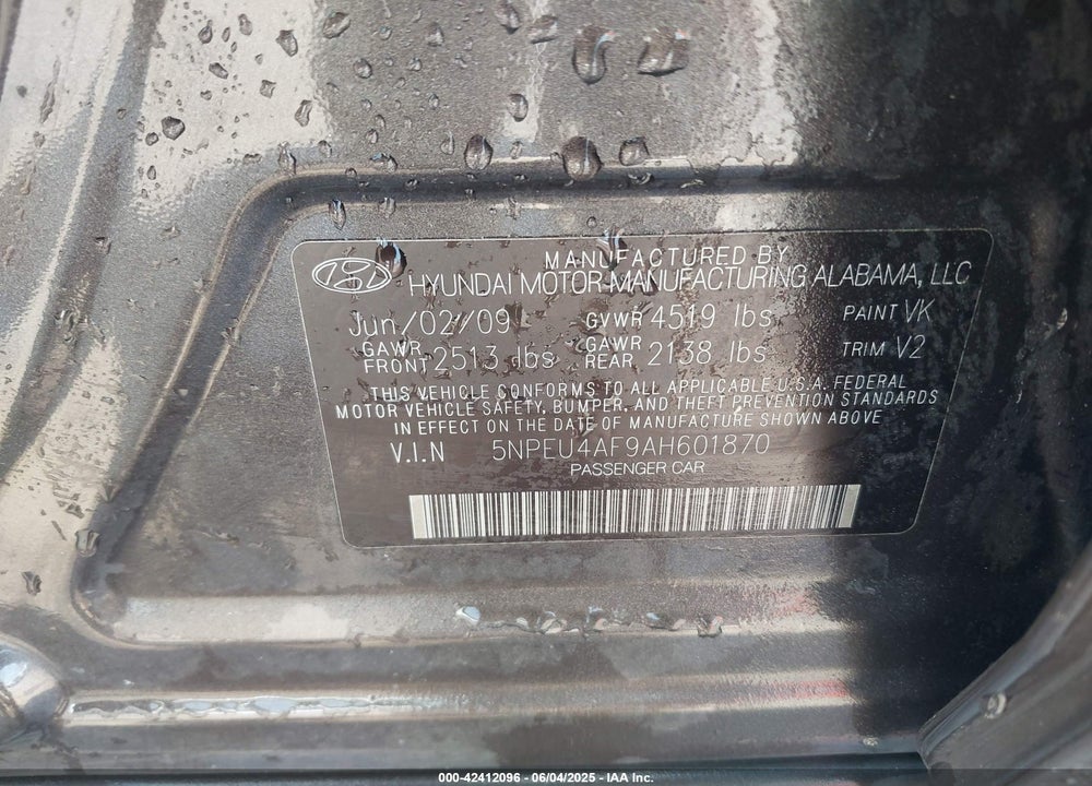 2010 HYUNDAI SONATA VIN: 5NPEU4AF9AH601870