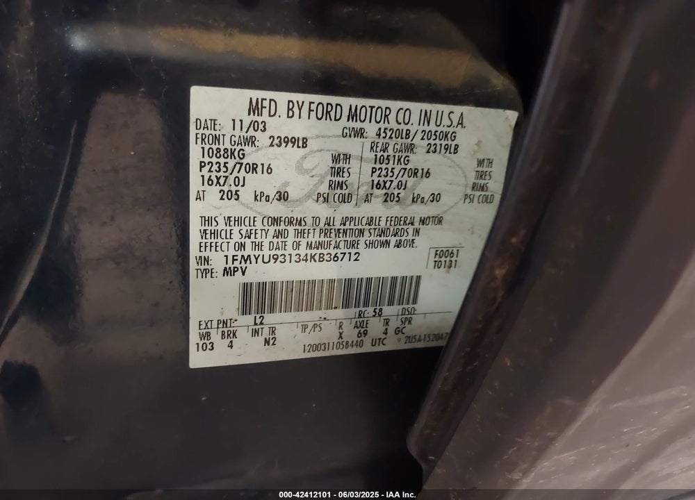 2004 FORD ESCAPE XLT VIN: 1FMYU93134KB36712