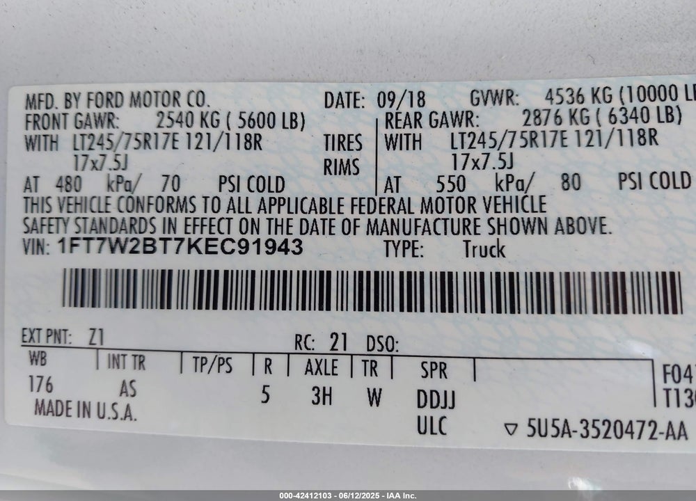 2019 FORD F-250 XL VIN: 1FT7W2BT7KEC91943