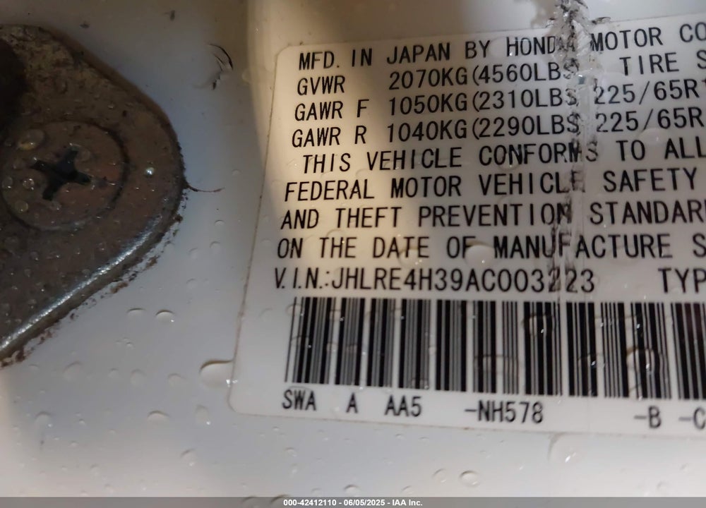 2010 HONDA CR-V VIN: JHLRE4H39AC003223