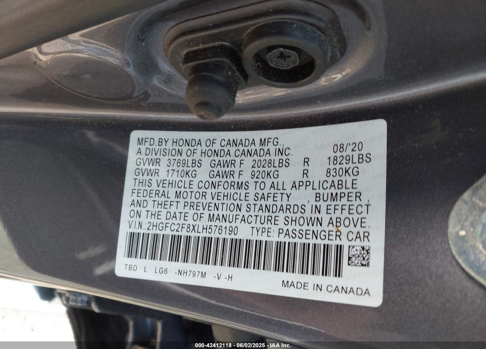 2020 HONDA CIVIC VIN: 2HGFC2F8XLH576190
