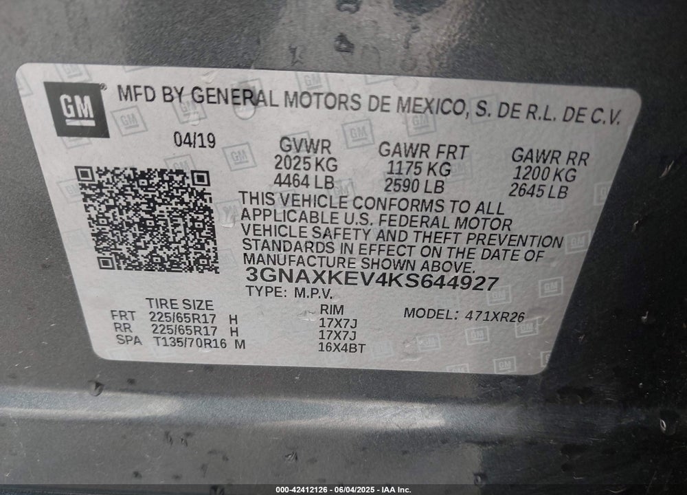 2019 CHEVROLET EQUINOX VIN: 3GNAXKEV4KS644927