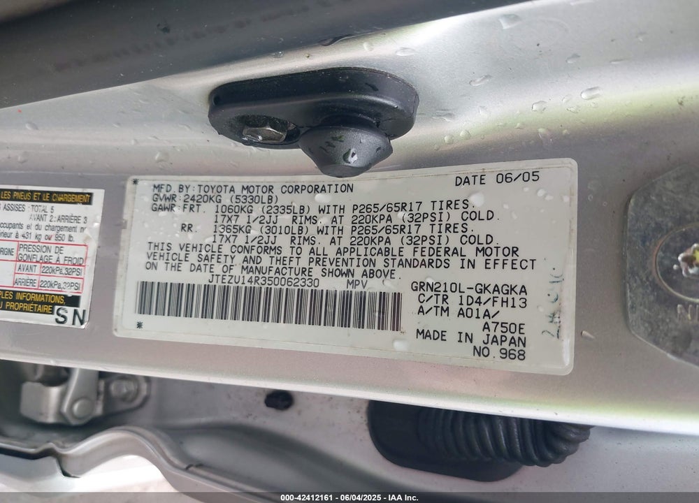 2005 TOYOTA 4RUNNER SR5 SPORT V6 VIN: JTEZU14R350062330