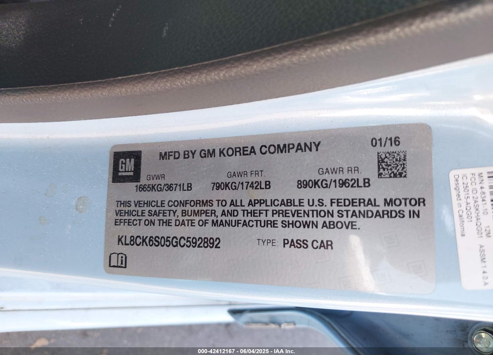 2016 CHEVROLET SPARK EV 1LT VIN: KL8CK6S05GC592892
