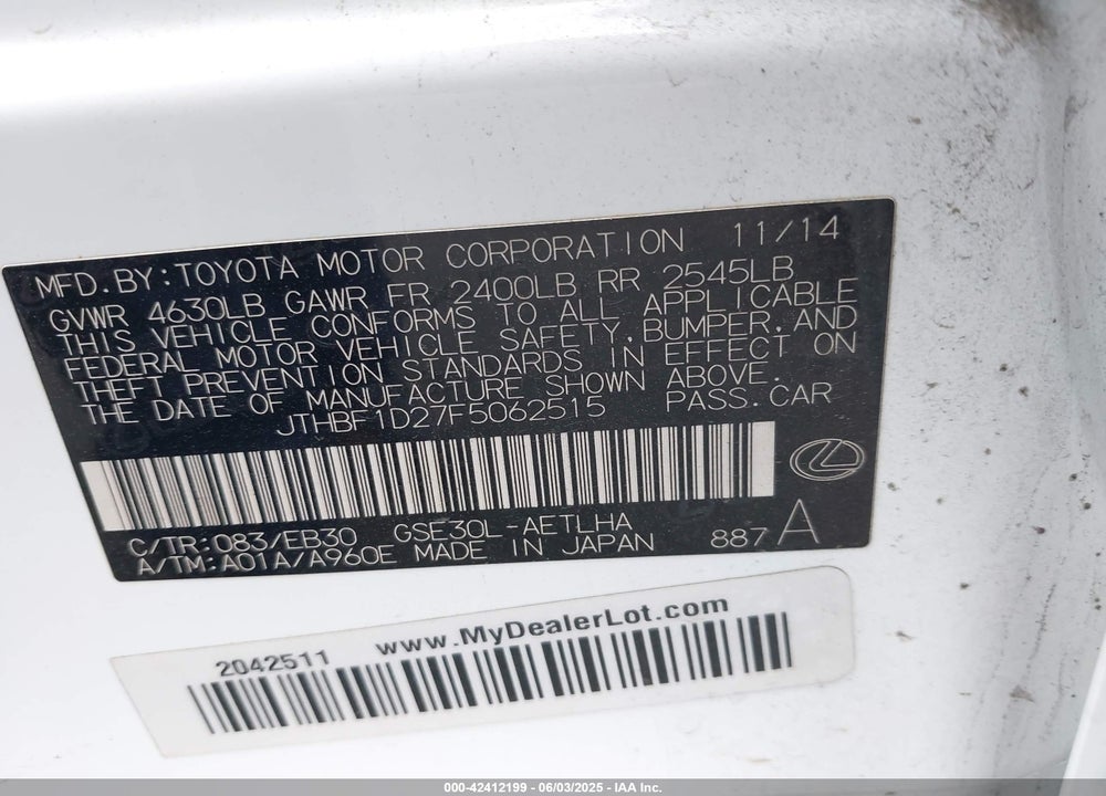 2015 LEXUS IS 250 VIN: JTHBF1D27F5062515