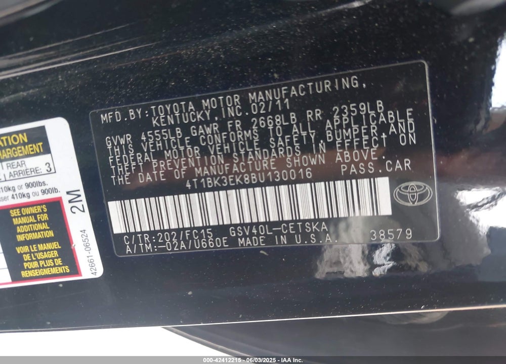 2011 TOYOTA CAMRY VIN: 4T1BK3EK8BU130016