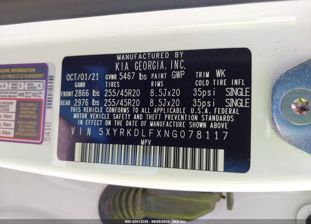 2022 KIA SORENTO VIN: 5XYRKDLFXNG078117