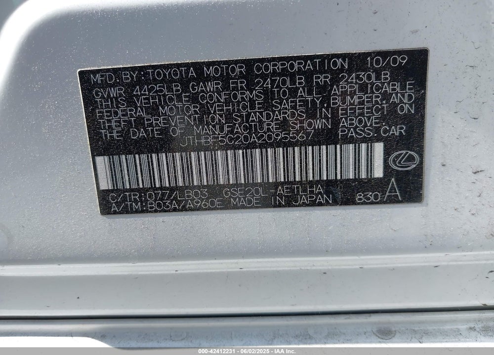 2010 LEXUS IS 250 VIN: JTHBF5C20A2095567