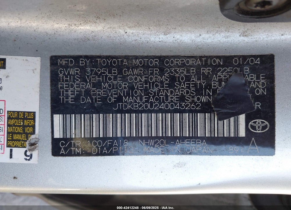 2004 TOYOTA PRIUS VIN: JTDKB20U240043262