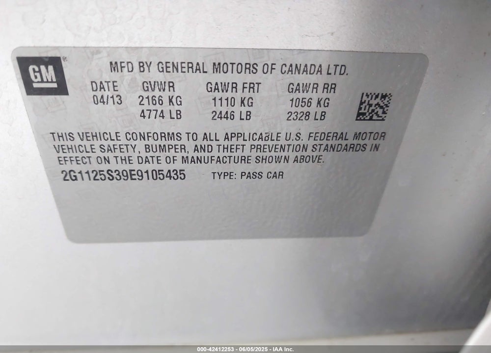 2014 CHEVROLET IMPALA VIN: 2G1125S39E9105435
