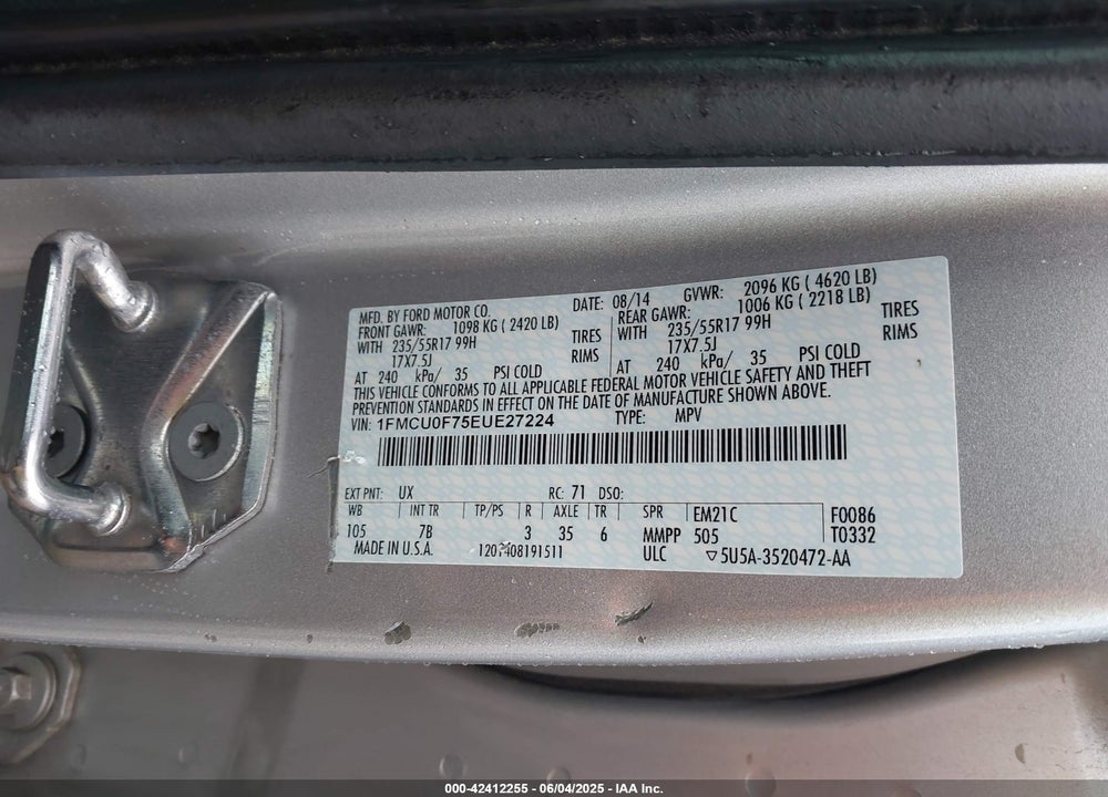 2014 FORD ESCAPE VIN: 1FMCU0F75EUE27224