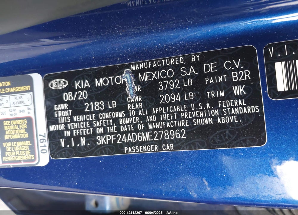 2021 KIA FORTE VIN: 3KPF24AD6ME278962
