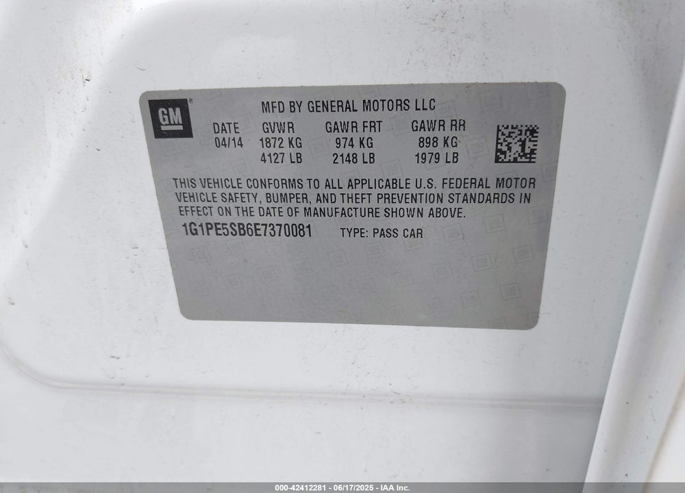 2014 CHEVROLET CRUZE 2LT AUTO VIN: 1G1PE5SB6E7370081
