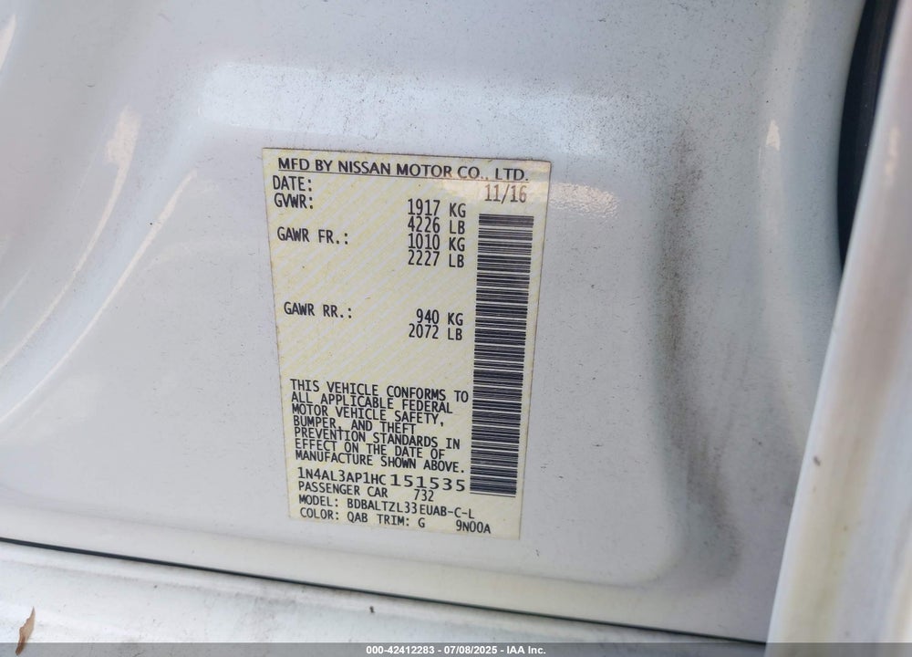 2017 NISSAN ALTIMA VIN: 1N4AL3AP1HC151535