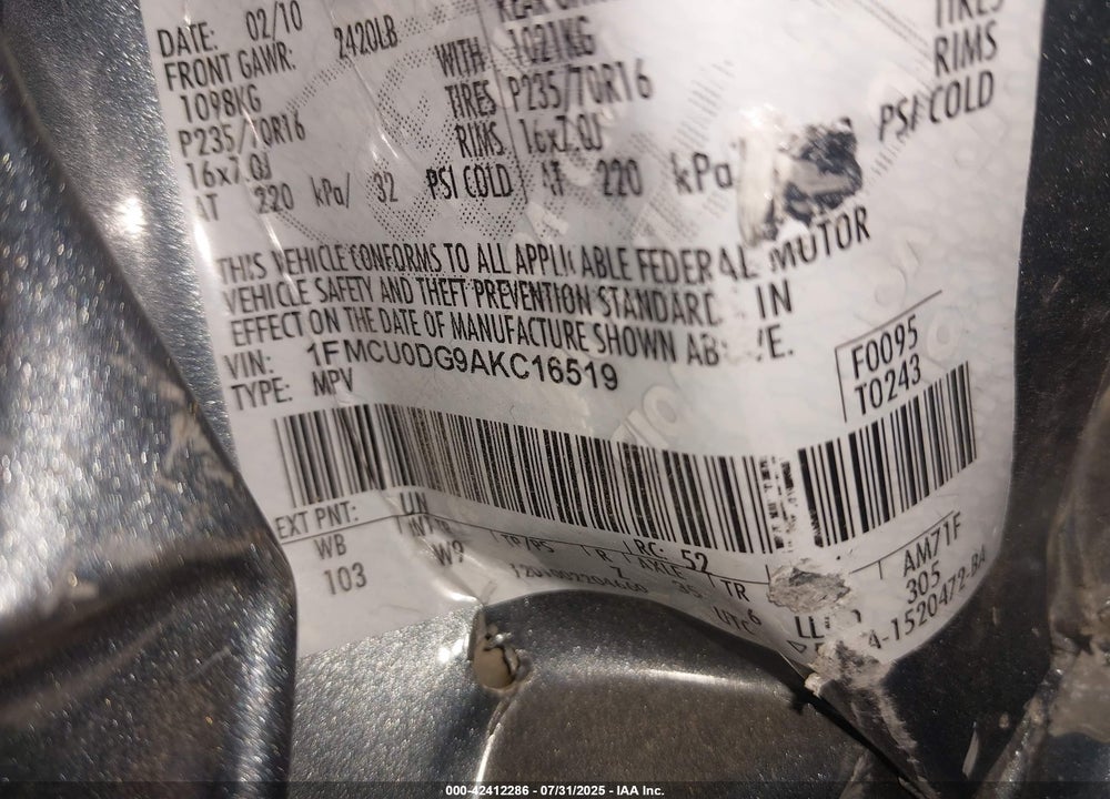 2010 FORD ESCAPE VIN: 1FMCU0DG9AKC16519