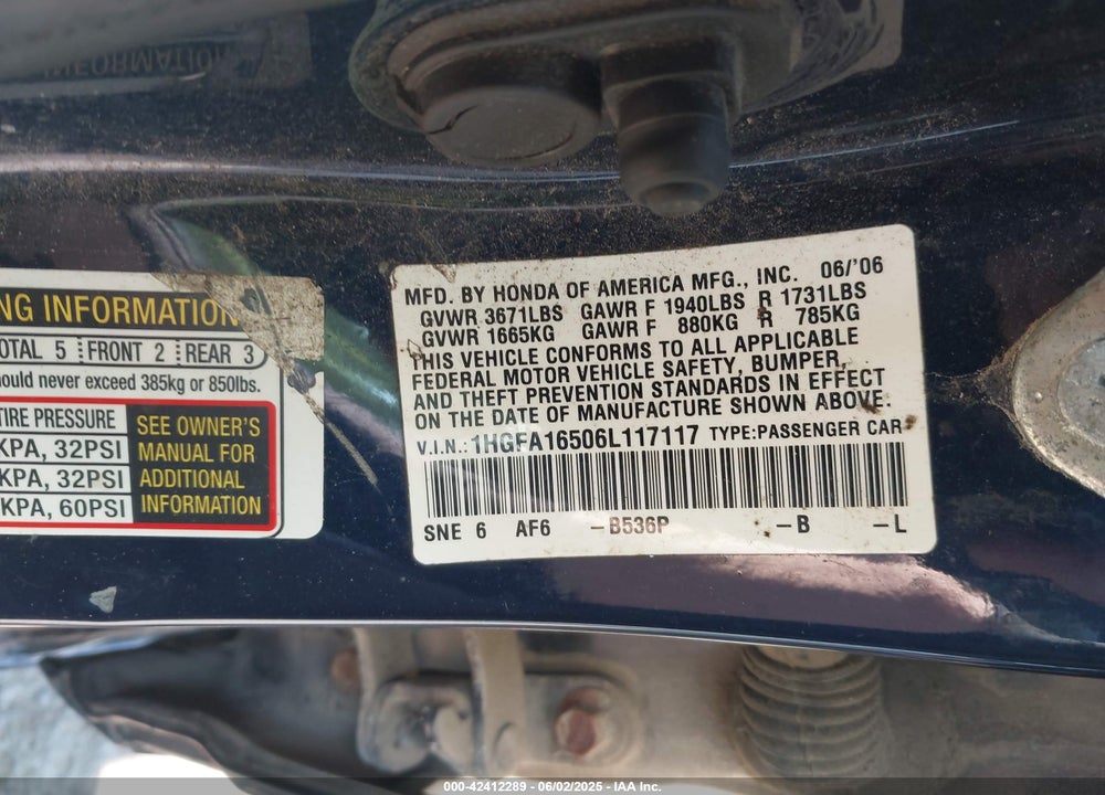 2006 HONDA CIVIC VIN: 1HGFA16506L117117