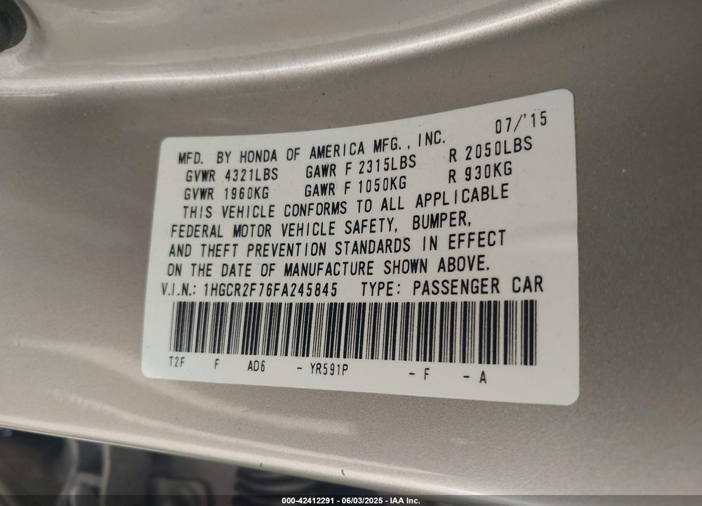 2015 HONDA ACCORD EX VIN: 1HGCR2F76FA245845