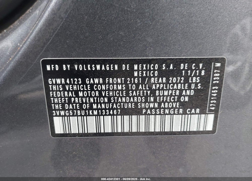 2019 VOLKSWAGEN JETTA VIN: 3VWG57BU1KM133467