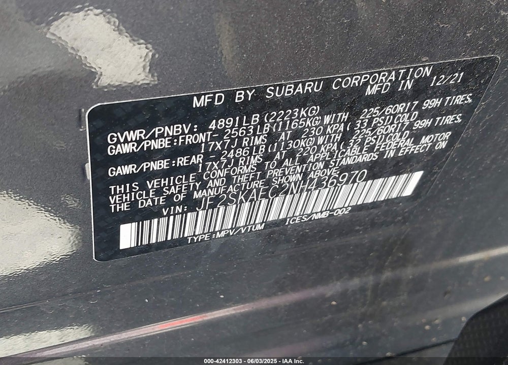 2022 SUBARU FORESTER VIN: JF2SKAEC2NH436970
