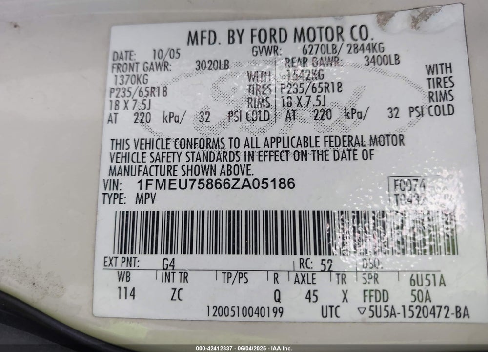 2006 FORD EXPLORER VIN: 1FMEU75866ZA05186