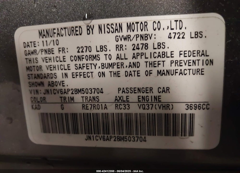 2011 INFINITI G37 VIN: JN1CV6AP2BM503704