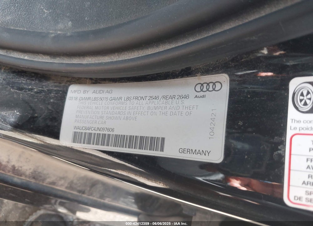 2018 AUDI A6 2.0T PREMIUM/2.0T SPORT VIN: WAUC8AFC4JN097606
