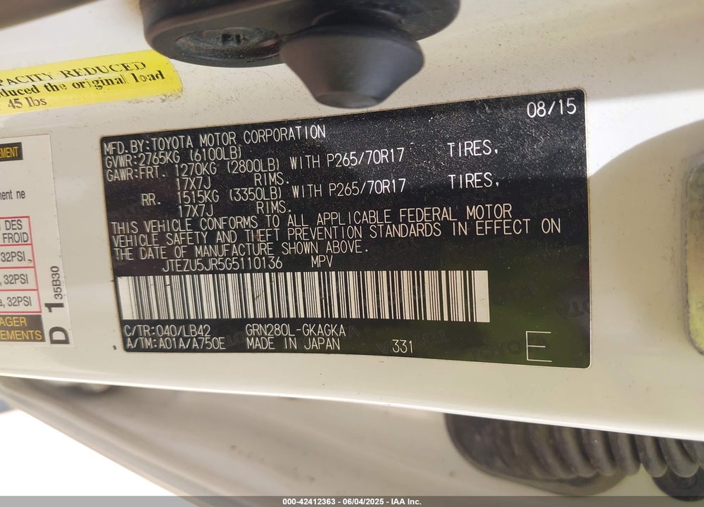 2016 TOYOTA 4RUNNER VIN: JTEZU5JR5G5110136