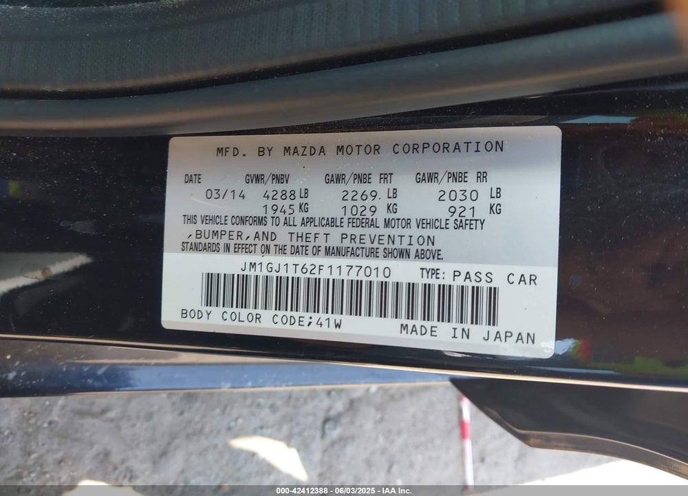 2015 MAZDA MAZDA6 VIN: JM1GJ1T62F1177010
