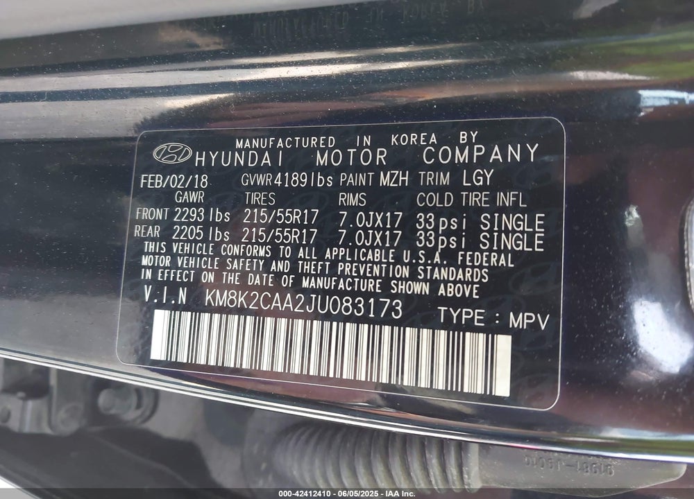 2018 HYUNDAI KONA SEL VIN: KM8K2CAA2JU083173