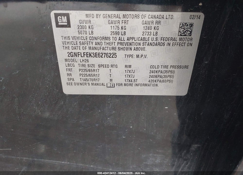 2014 CHEVROLET EQUINOX VIN: 2GNFLFEK3E6276225