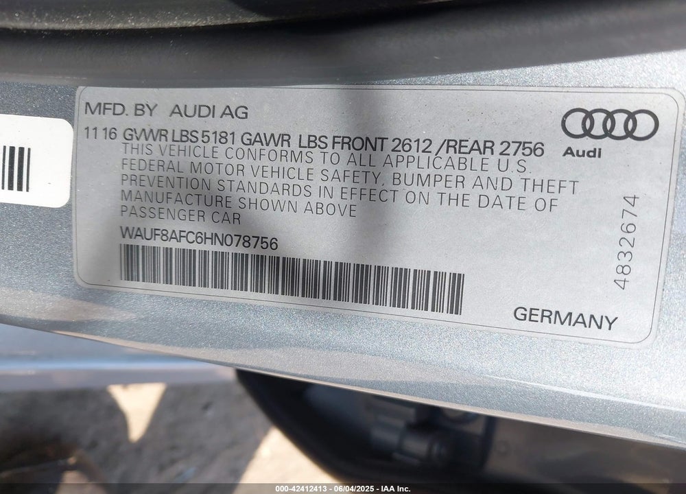 2017 AUDI A6 2.0T PREMIUM VIN: WAUF8AFC6HN078756