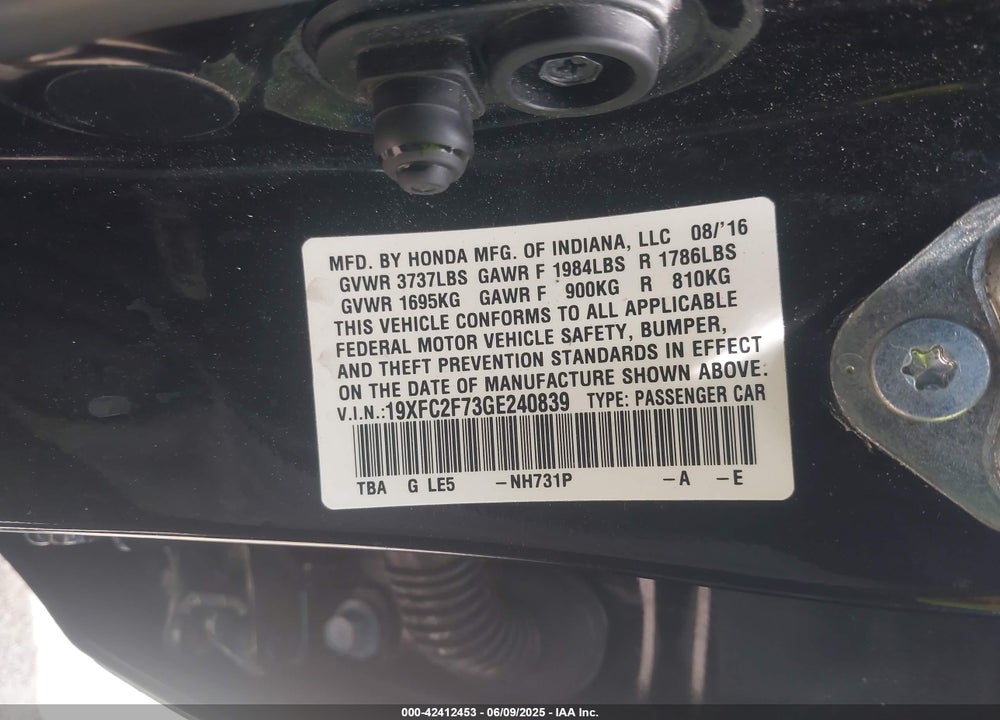 2016 HONDA CIVIC EX VIN: 19XFC2F73GE240839