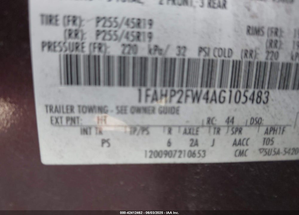 2010 FORD TAURUS VIN: 1FAHP2FW4AG105483