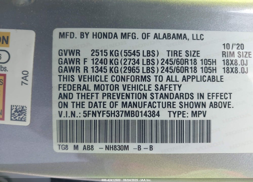 2021 HONDA PILOT VIN: 5FNYF5H37MB014384