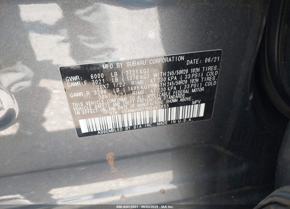 2021 SUBARU ASCENT TOURING VIN: 4S4WMARD2M3457855