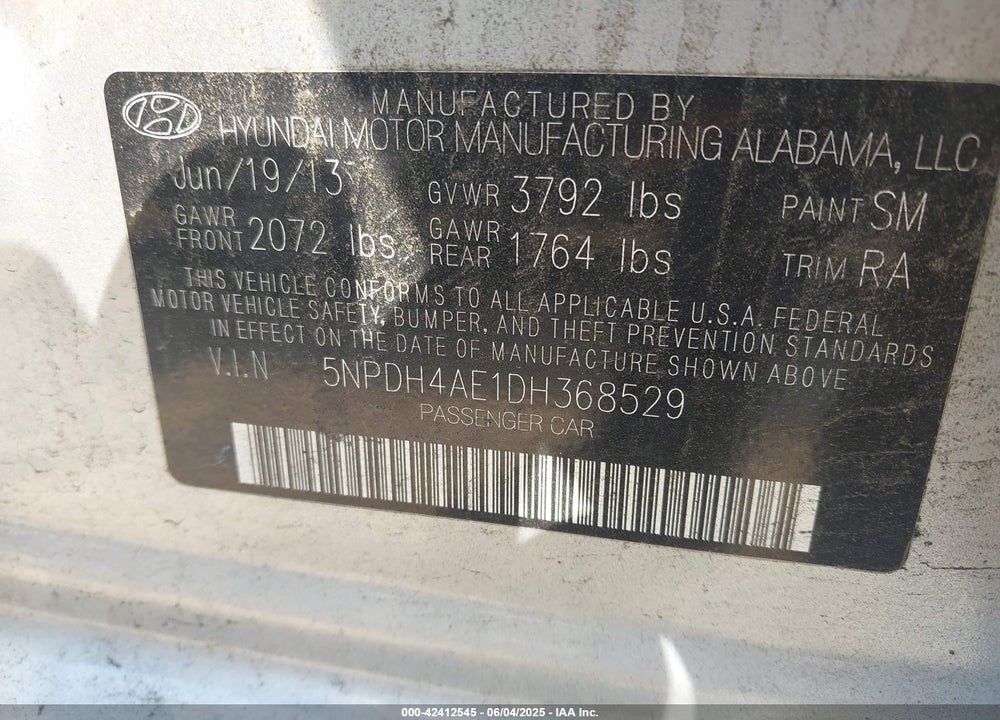 2013 HYUNDAI ELANTRA VIN: 5NPDH4AE1DH368529