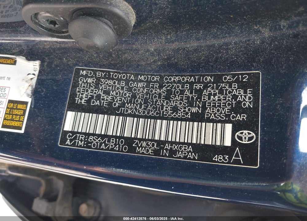 2012 TOYOTA PRIUS VIN: JTDKN3DU6C1556854