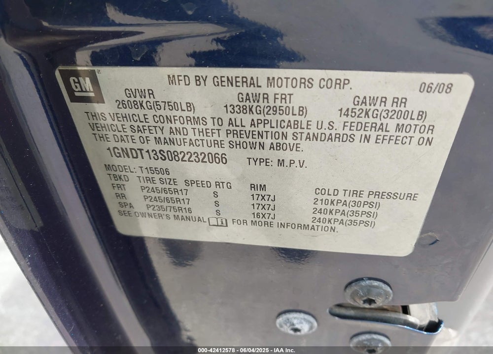 2008 CHEVROLET TRAILBLAZER FLEET VIN: 1GNDT13S082232066