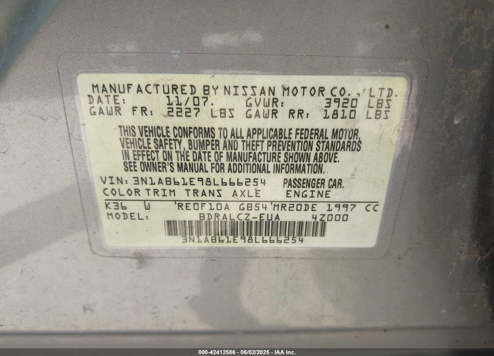 2008 NISSAN SENTRA 2.0 VIN: 3N1AB61E98L666254