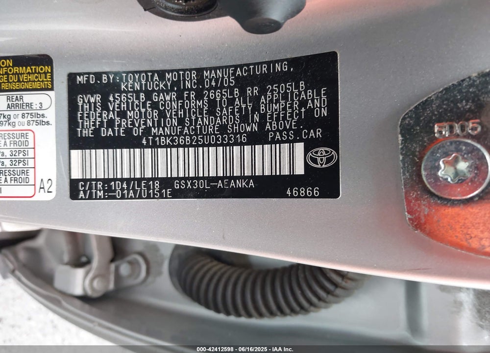 2005 TOYOTA AVALON TOURING VIN: 4T1BK36B25U033316